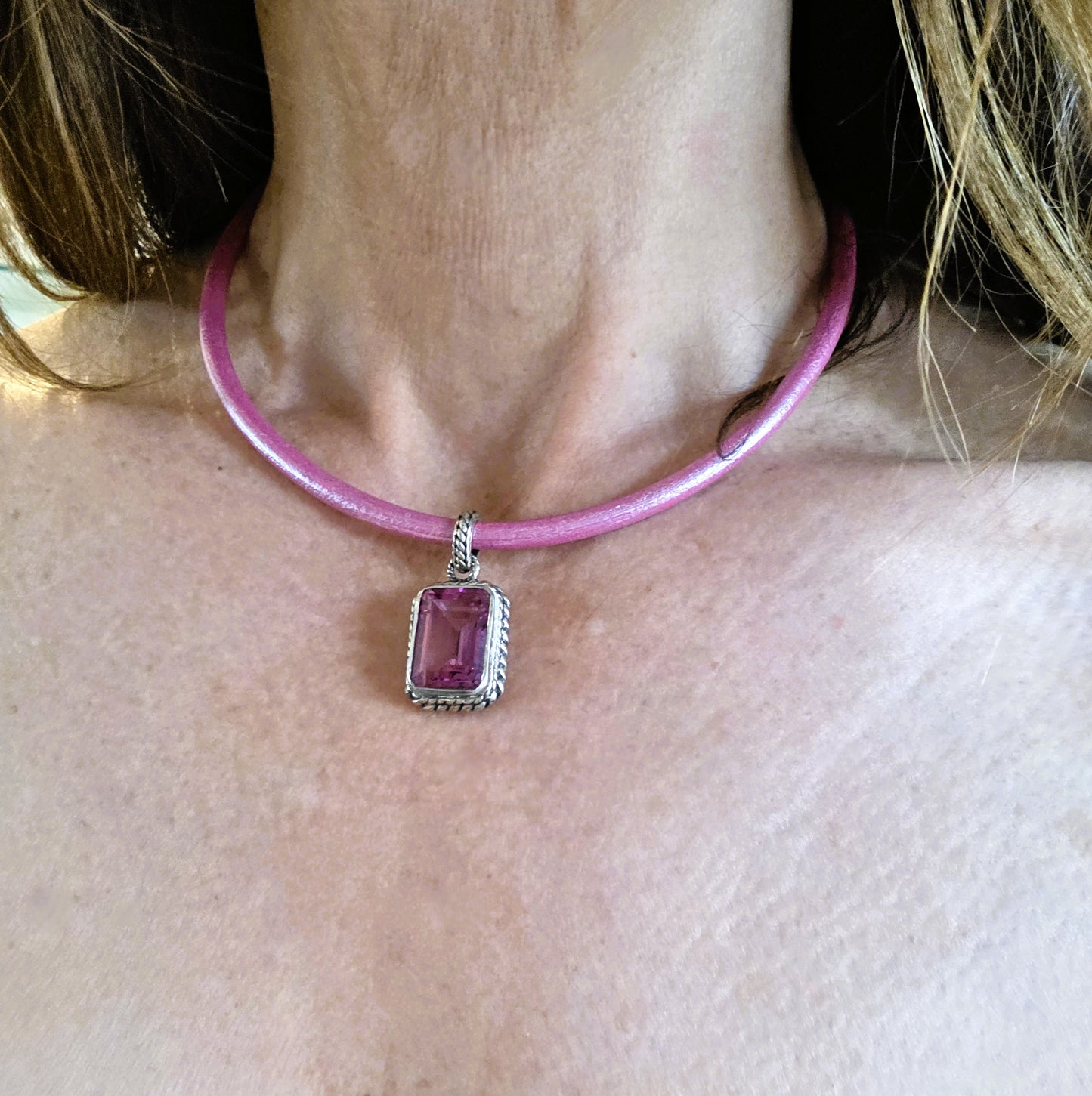 Pink Topaz Leather Collar Necklace