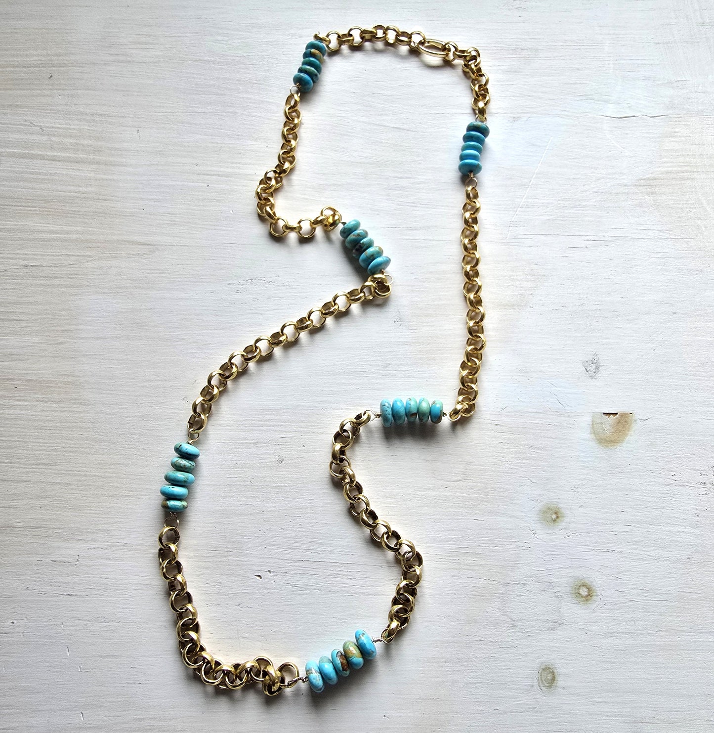 Carlie - Long Turquoise Gold Rolo Chain Necklace
