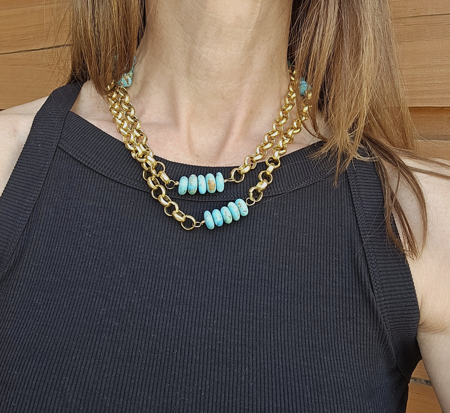 Carlie - Long Turquoise Gold Rolo Chain Necklace