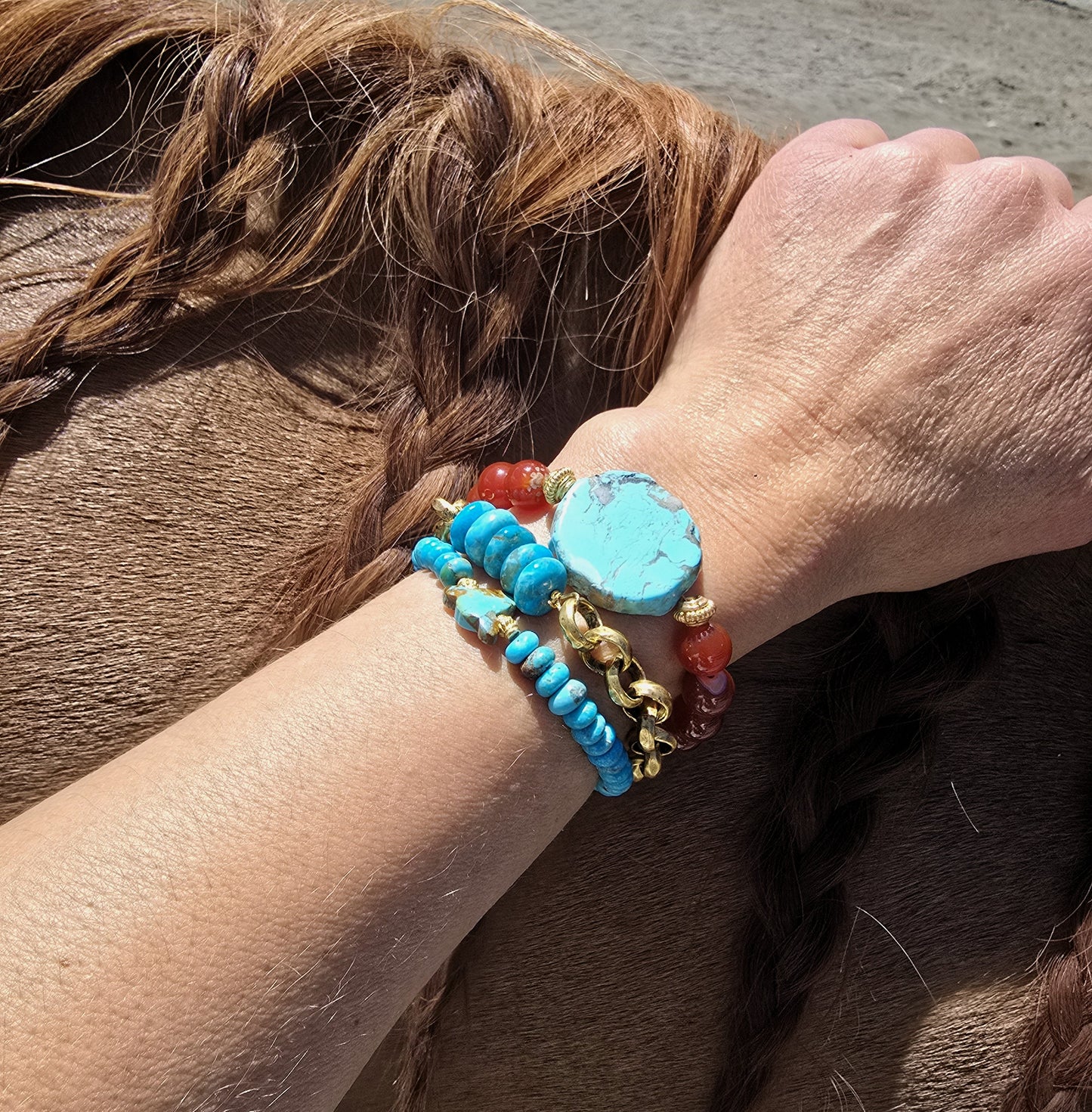 Cow Skull Turquoise & Gold Bead Bracelet
