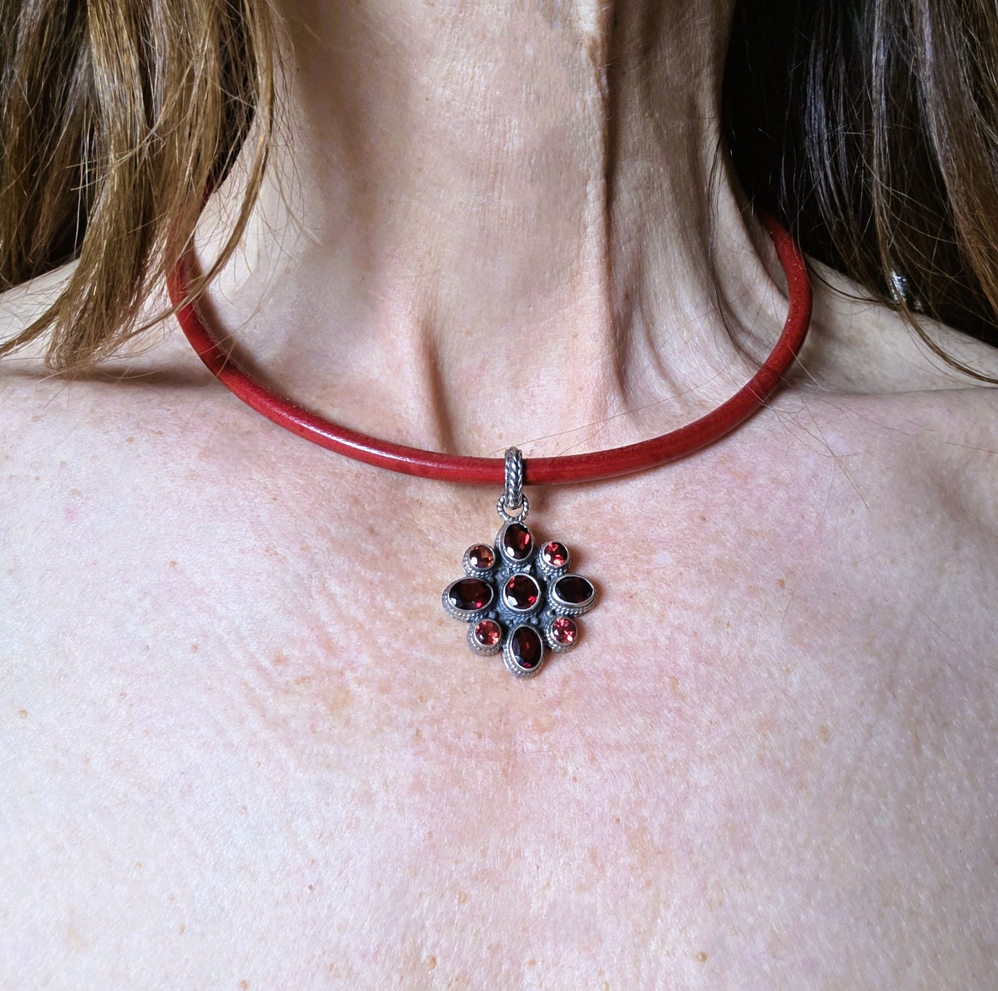 Garnet & Leather Collar Necklace