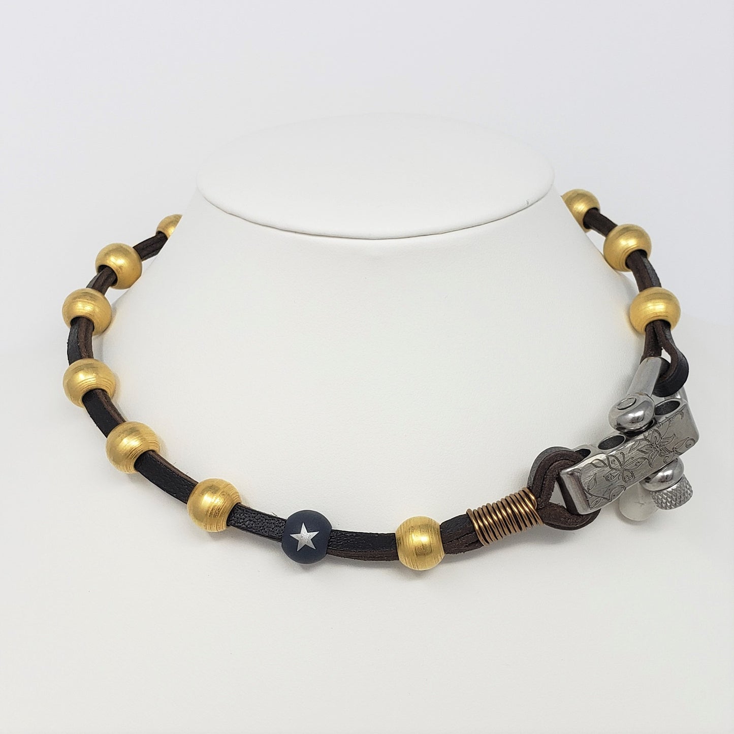 Leather & 18k Gold Ball Necklace