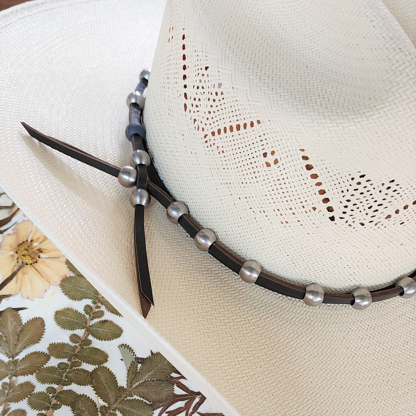 Steel Bead & Leather Cowboy Hat Band