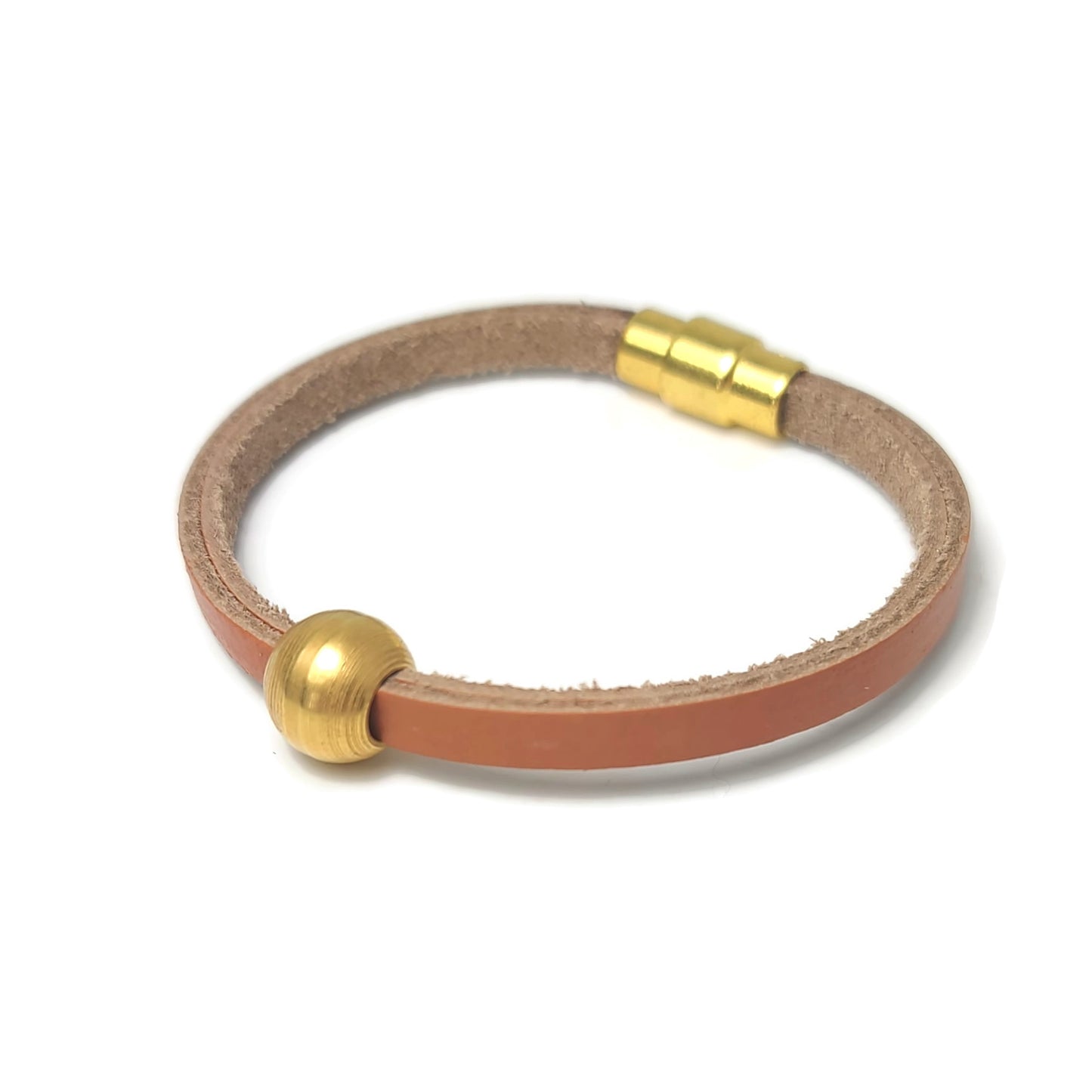 Gold Steel Bead and Leather Bracelet