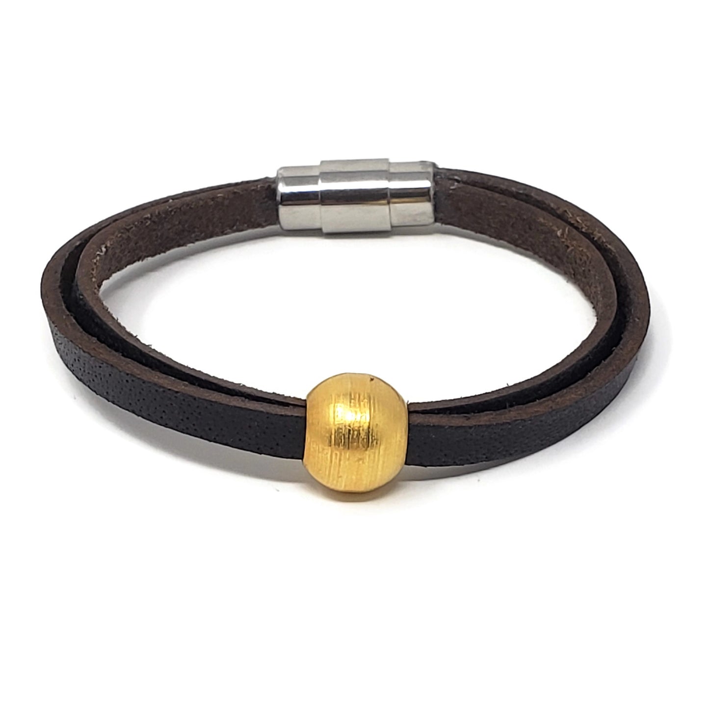Gold Steel Bead and Leather Bracelet