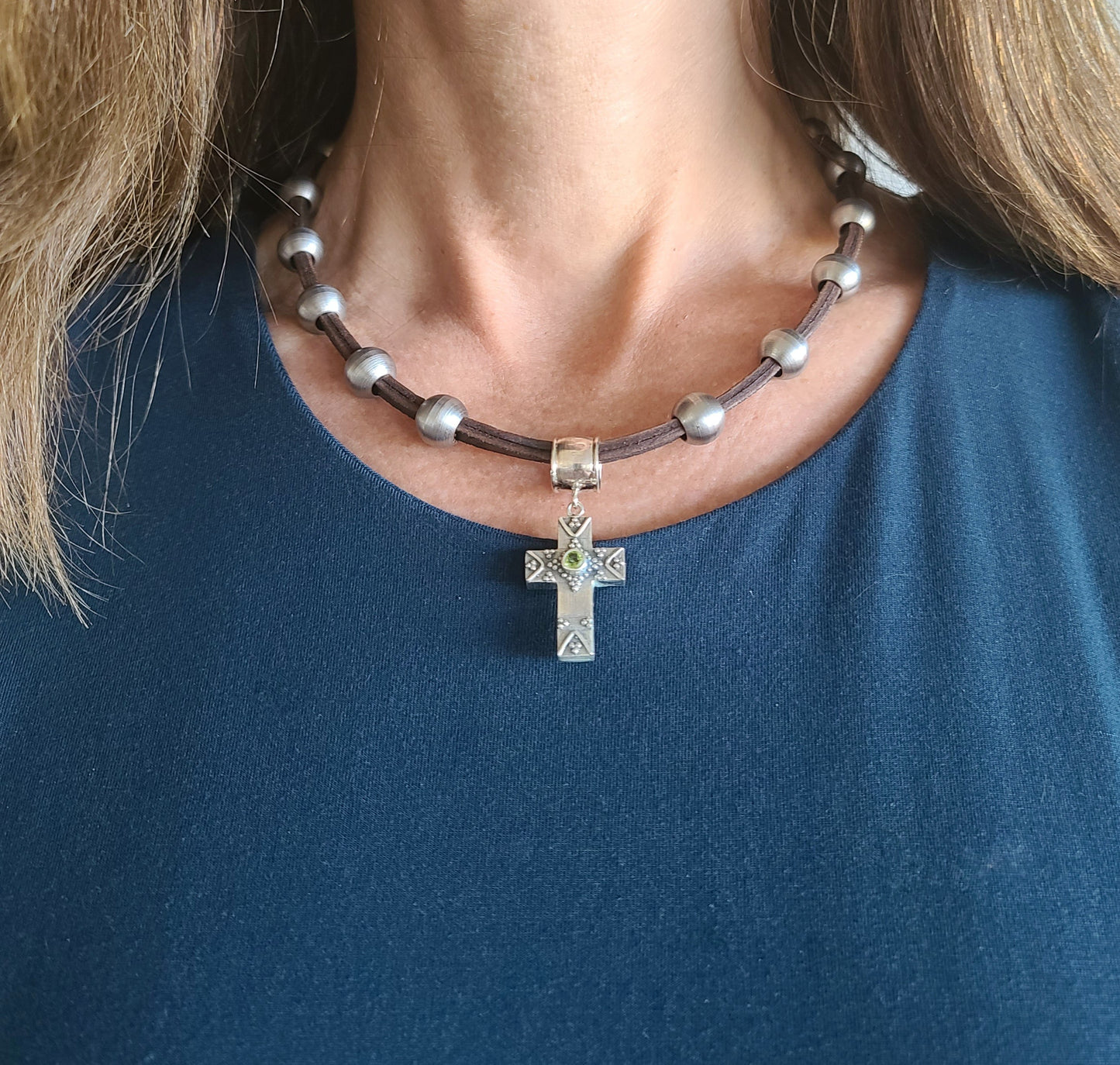 Silver Cross Pendant Stainless Steel & Leather Necklace