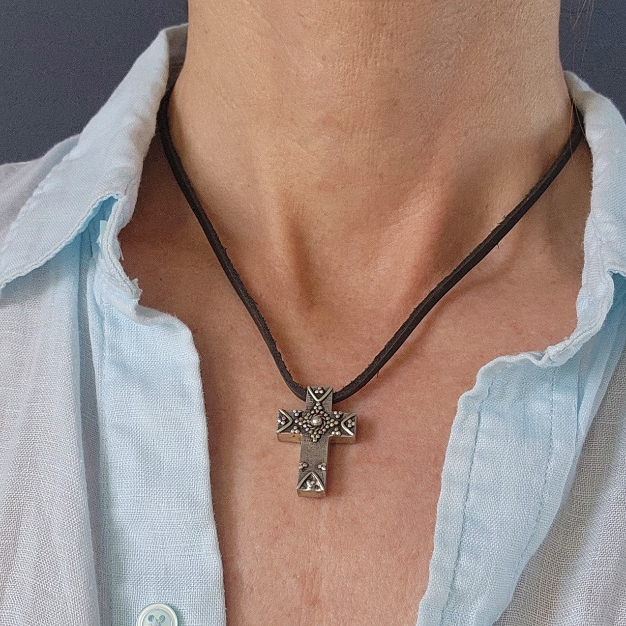 Double Sided Cross Pendant Leather Neckalce