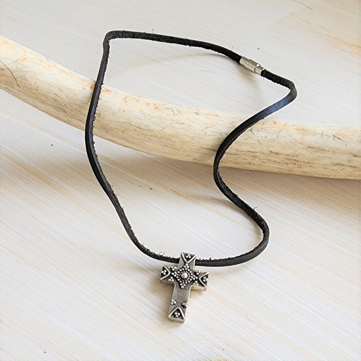 Double Sided Cross Pendant Leather Neckalce