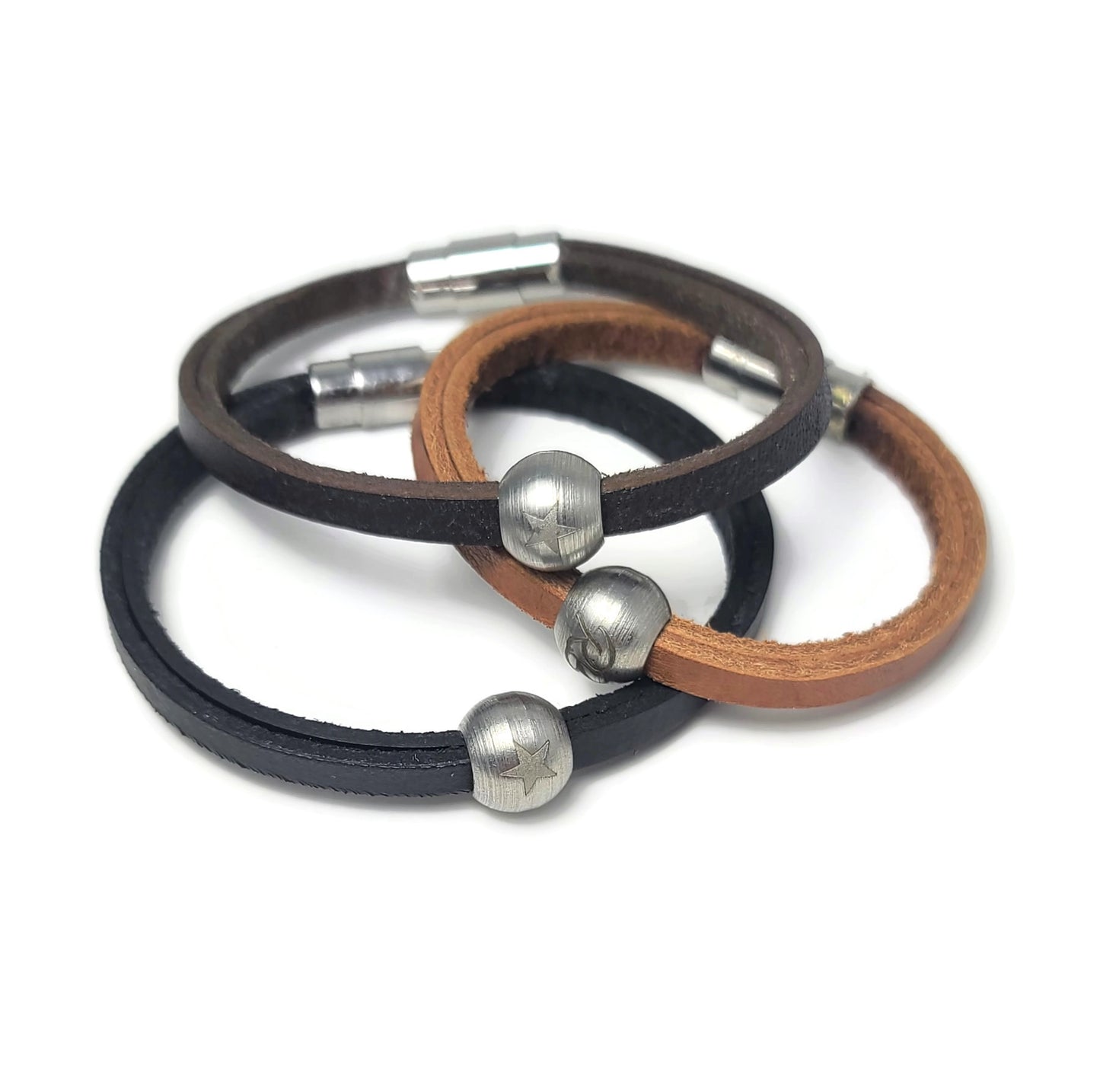 Steel Star Bead and Leather Bracelet