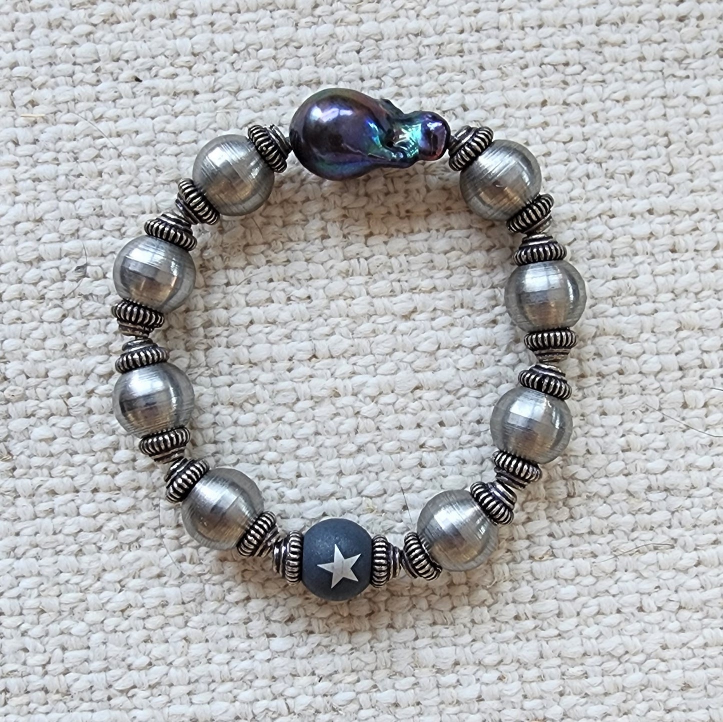 Steel Pearl & Peacock Pearl Stretch Bracelet