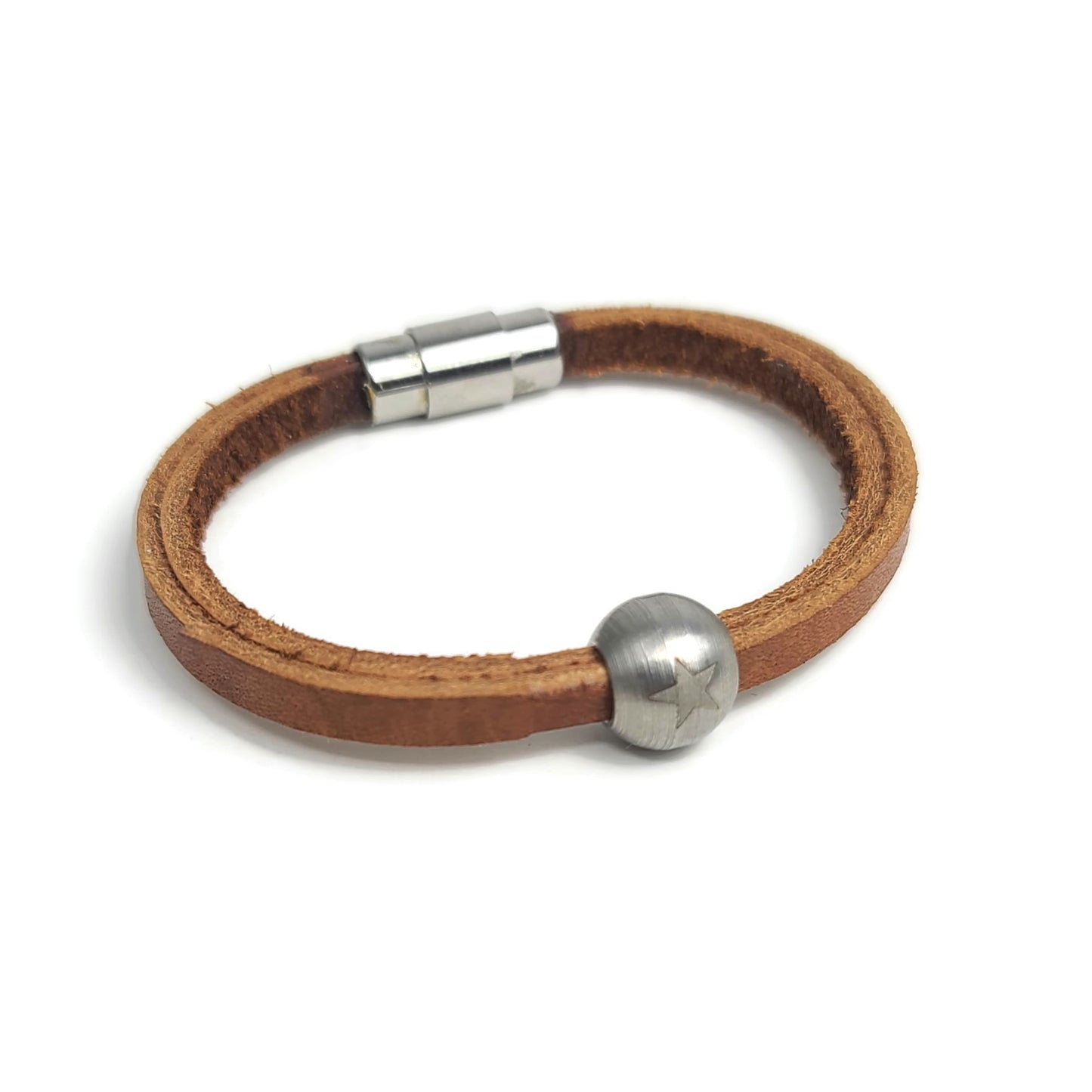 Steel Star Bead and Leather Bracelet