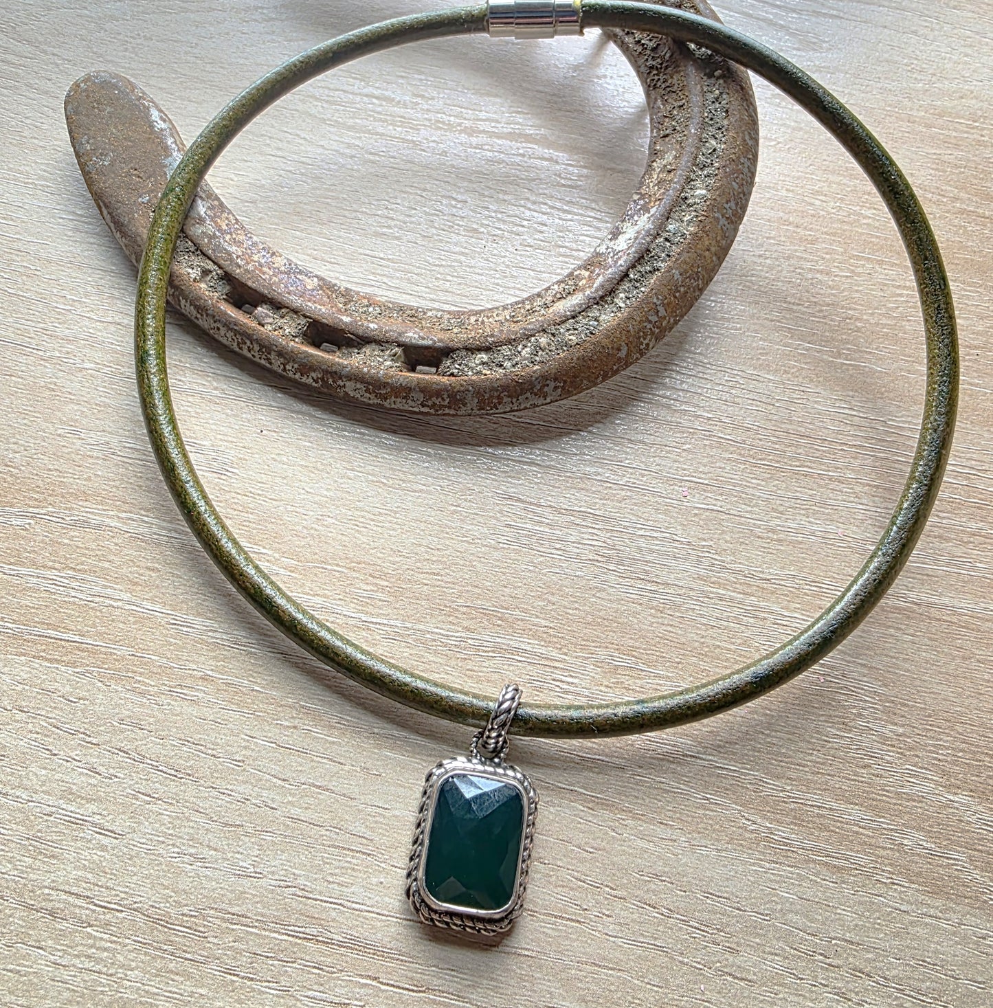 Green Onyx Leather Collar Necklace