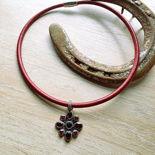Garnet & Leather Collar Necklace