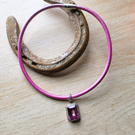 Pink Topaz Leather Collar Necklace