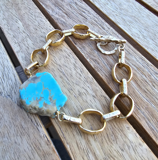 Artisan Bronze Link & Turquoise Slab Bracelet