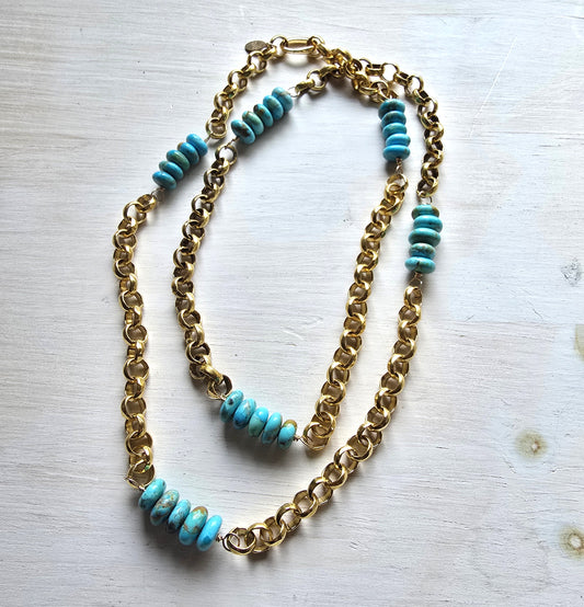 Carlie - Long Turquoise Gold Rolo Chain Necklace