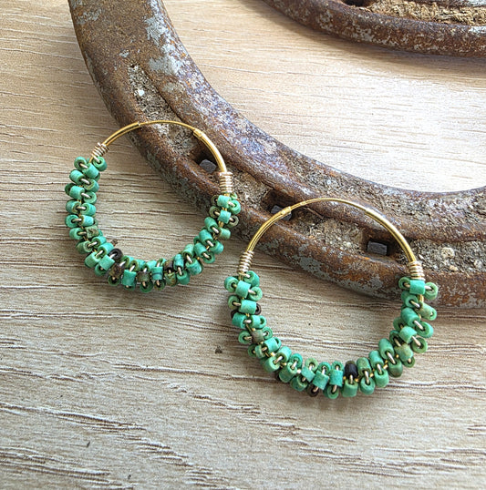 Green Tiny Bead Turquoise Hoop Earrings