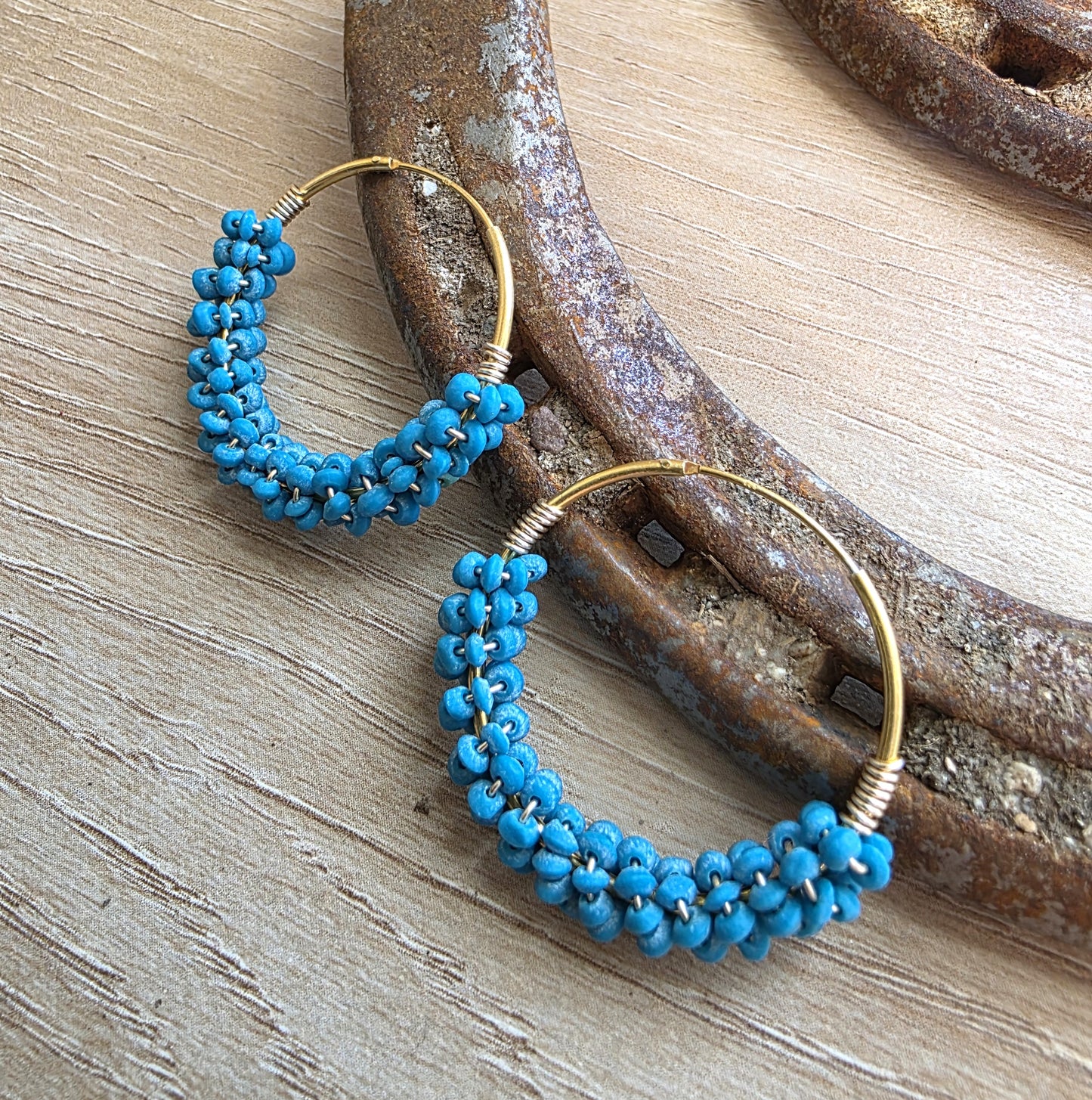 Blue Tiny Bead Turquoise Hoop Earrings