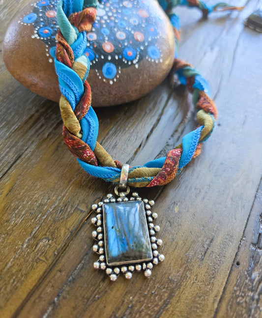 Braided Silk Necklace Labradorite Pendant