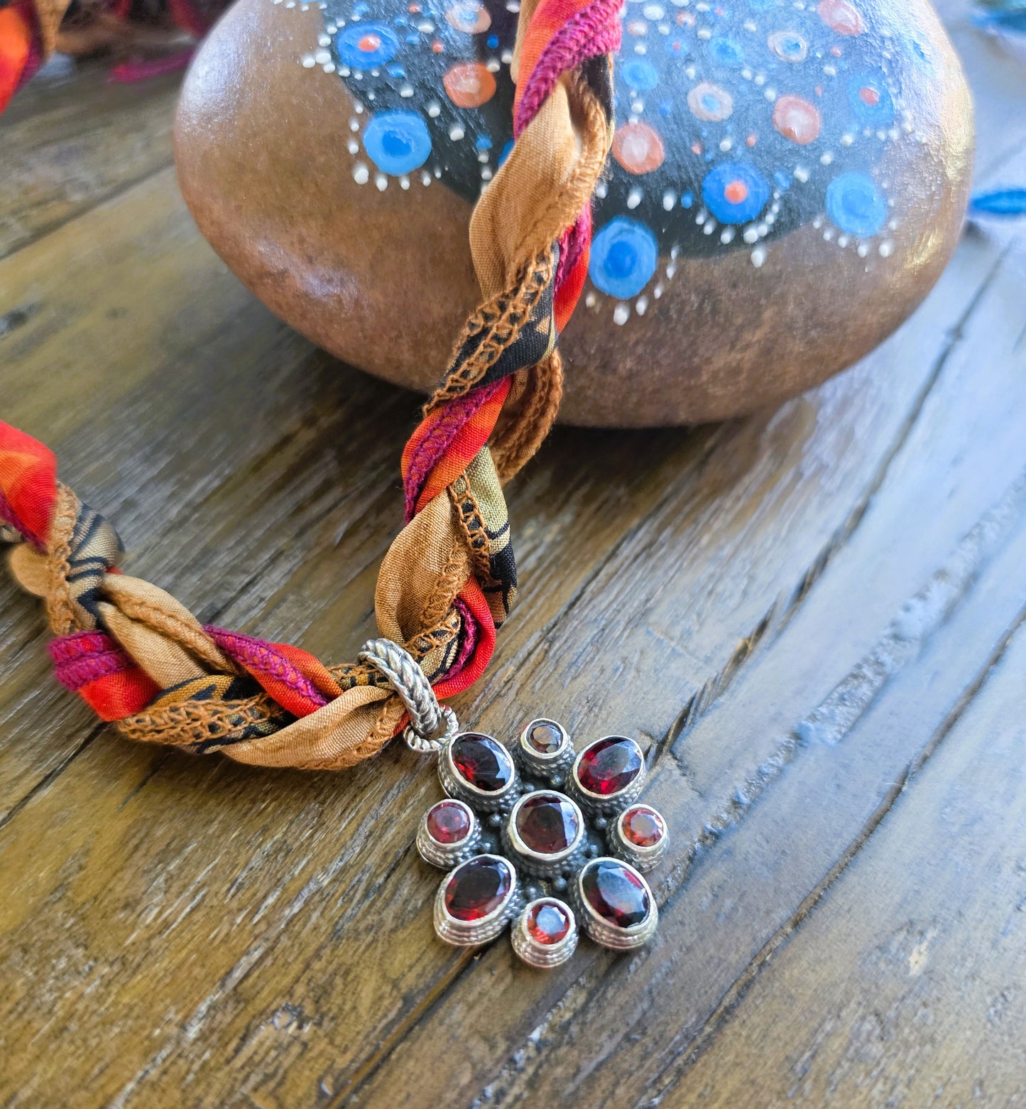 Braided Silk Necklace Garnet Pendant