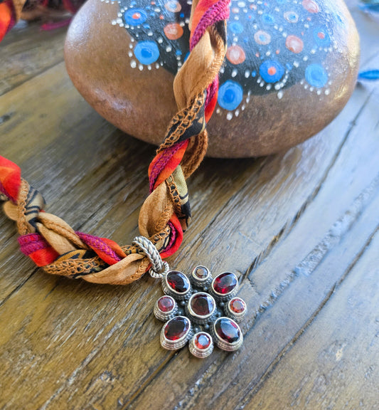 Braided Silk Necklace Garnet Pendant