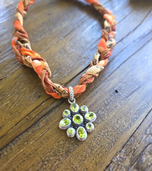 Braided Silk Necklace Peridot Pendant