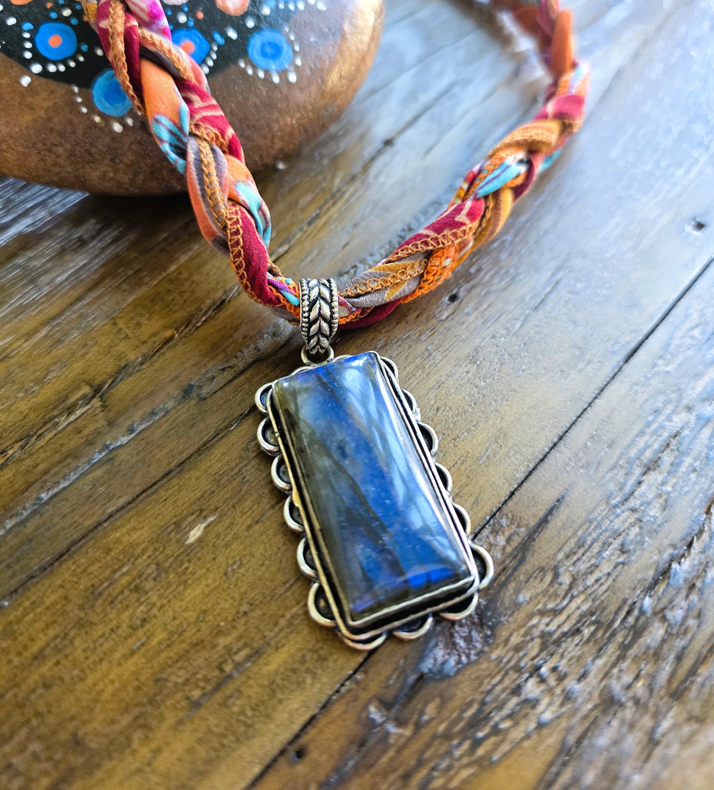 Braided Silk Necklace Labradorite Pendant