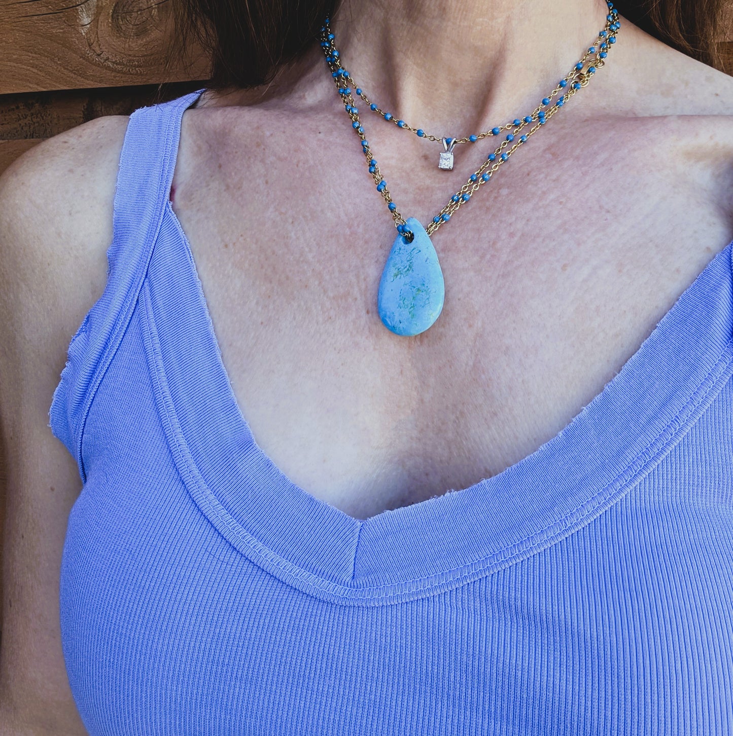 Rosary Chain Turquoise Pendant Necklace
