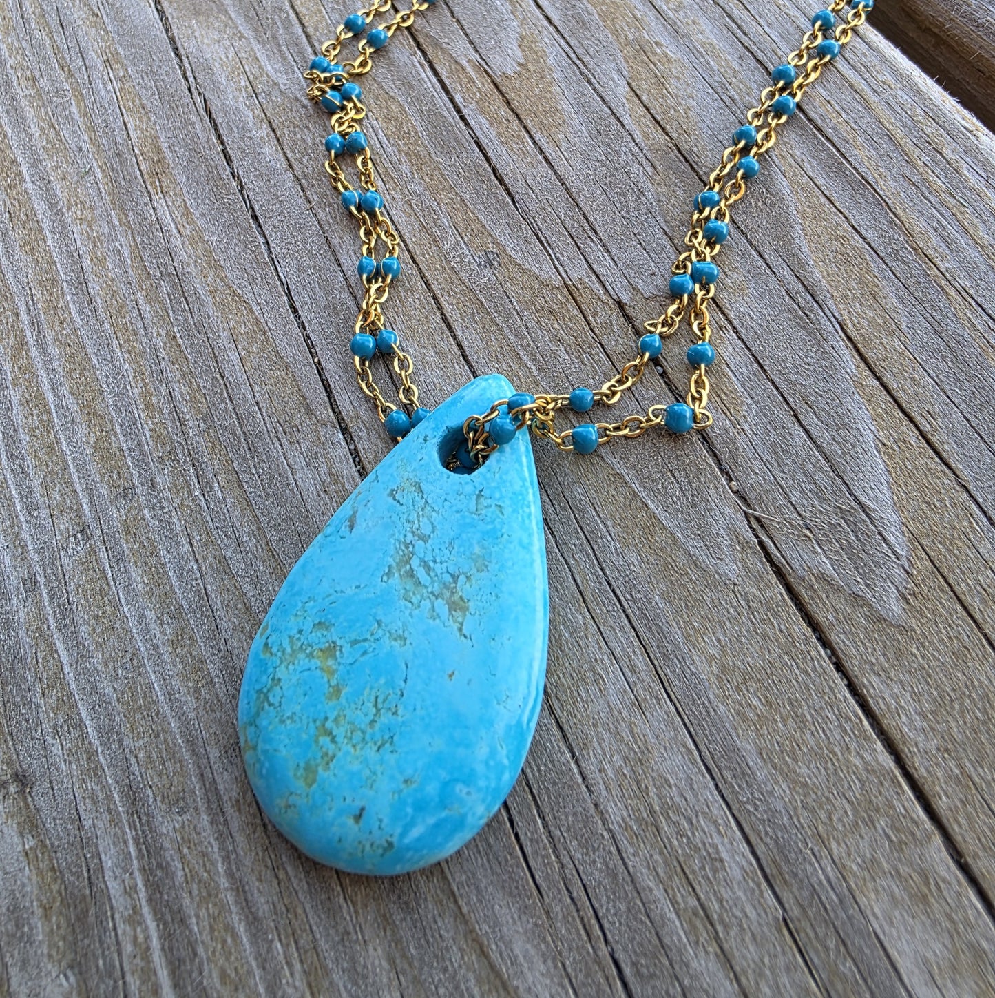 Rosary Chain Turquoise Pendant Necklace