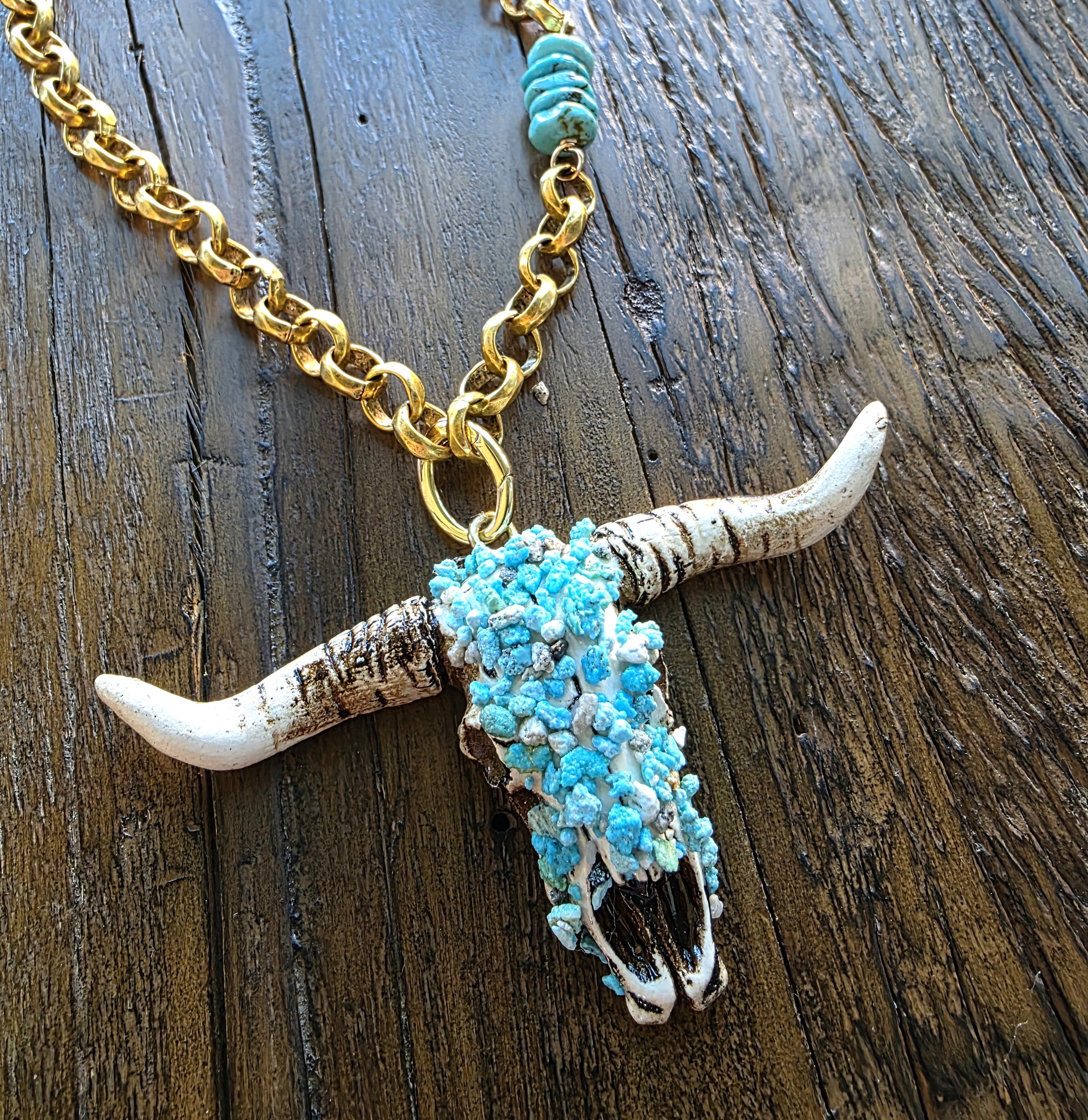 Longhorn Bull Pendant Necklace - Kingman Turquoise & 12k Gold Chain ...