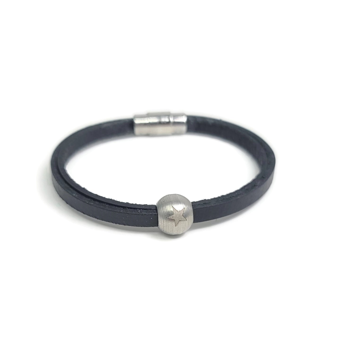 Steel Star Bead and Leather Bracelet