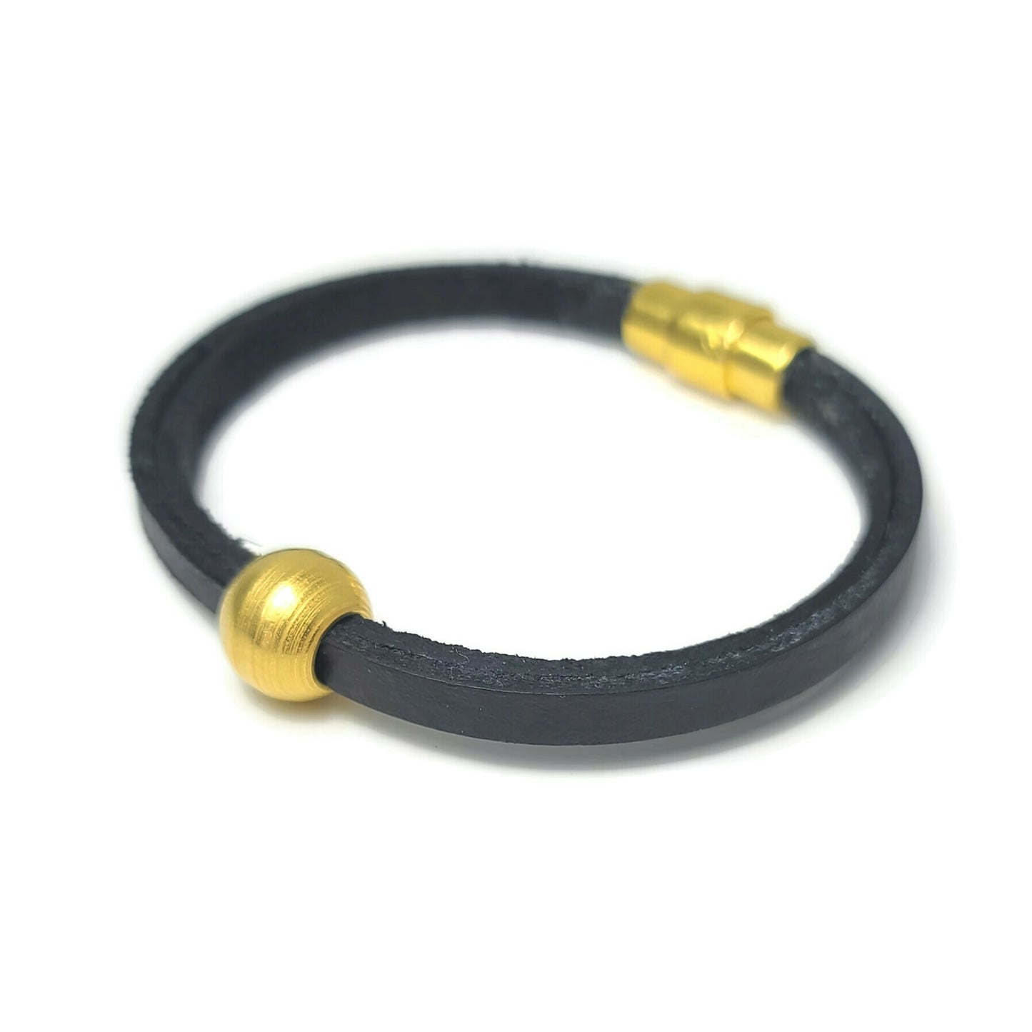 Gold Steel Bead and Leather Bracelet