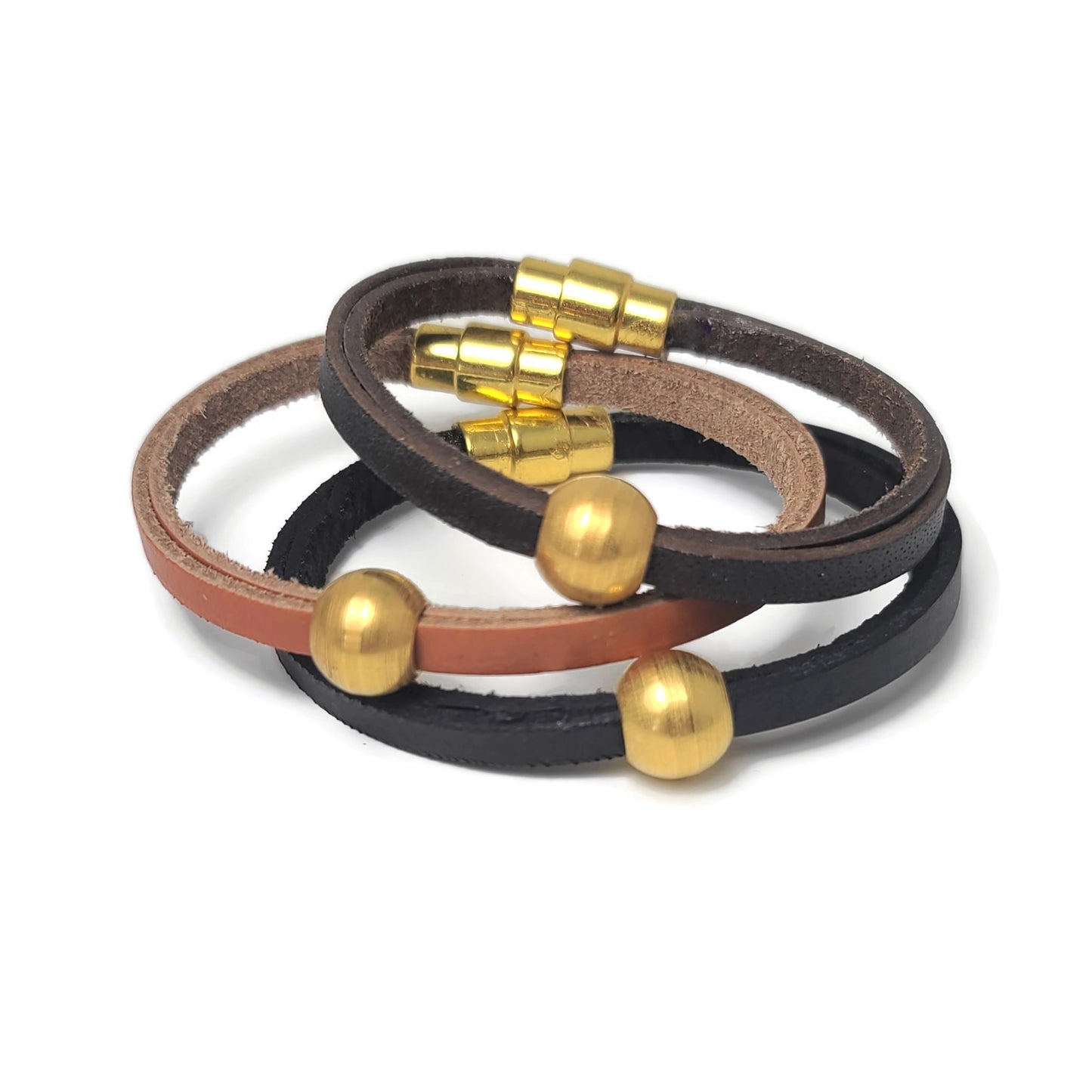 Gold Steel Bead and Leather Bracelet