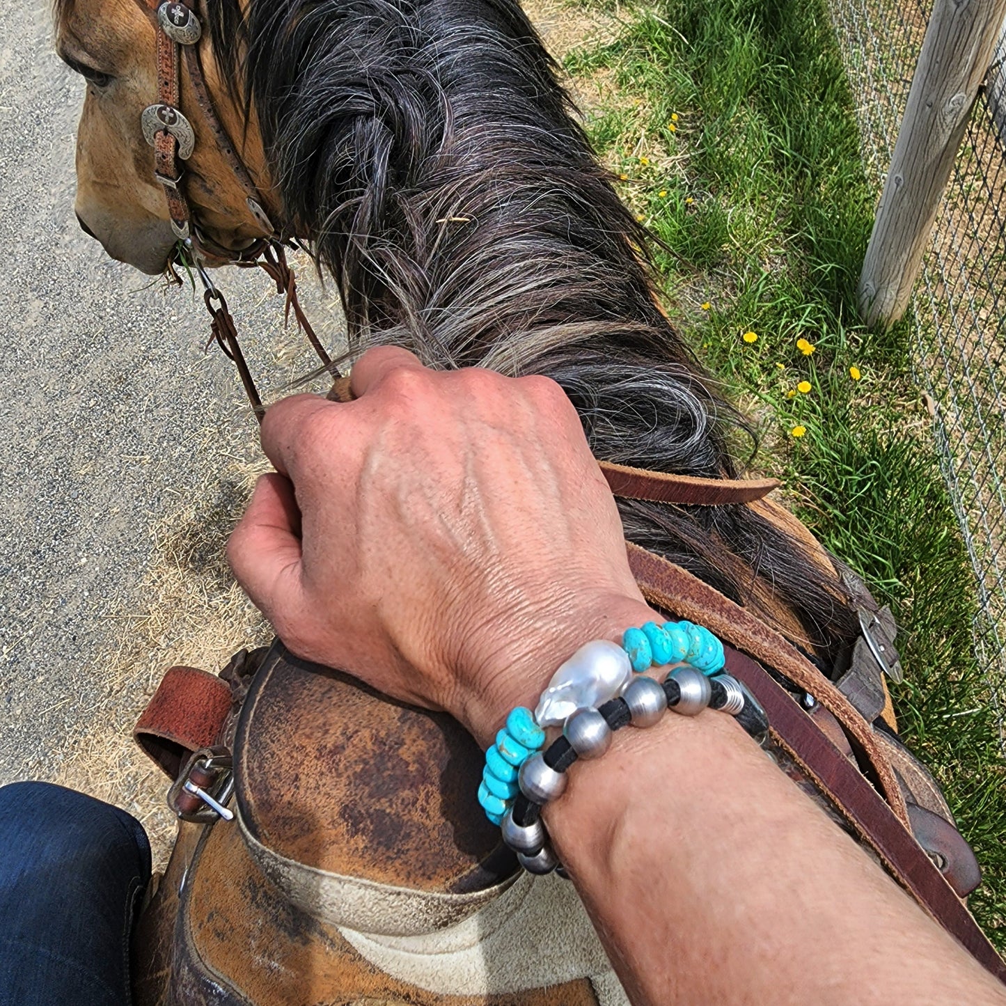 Kingman Turquoise & Pearl Stretch Bracelet