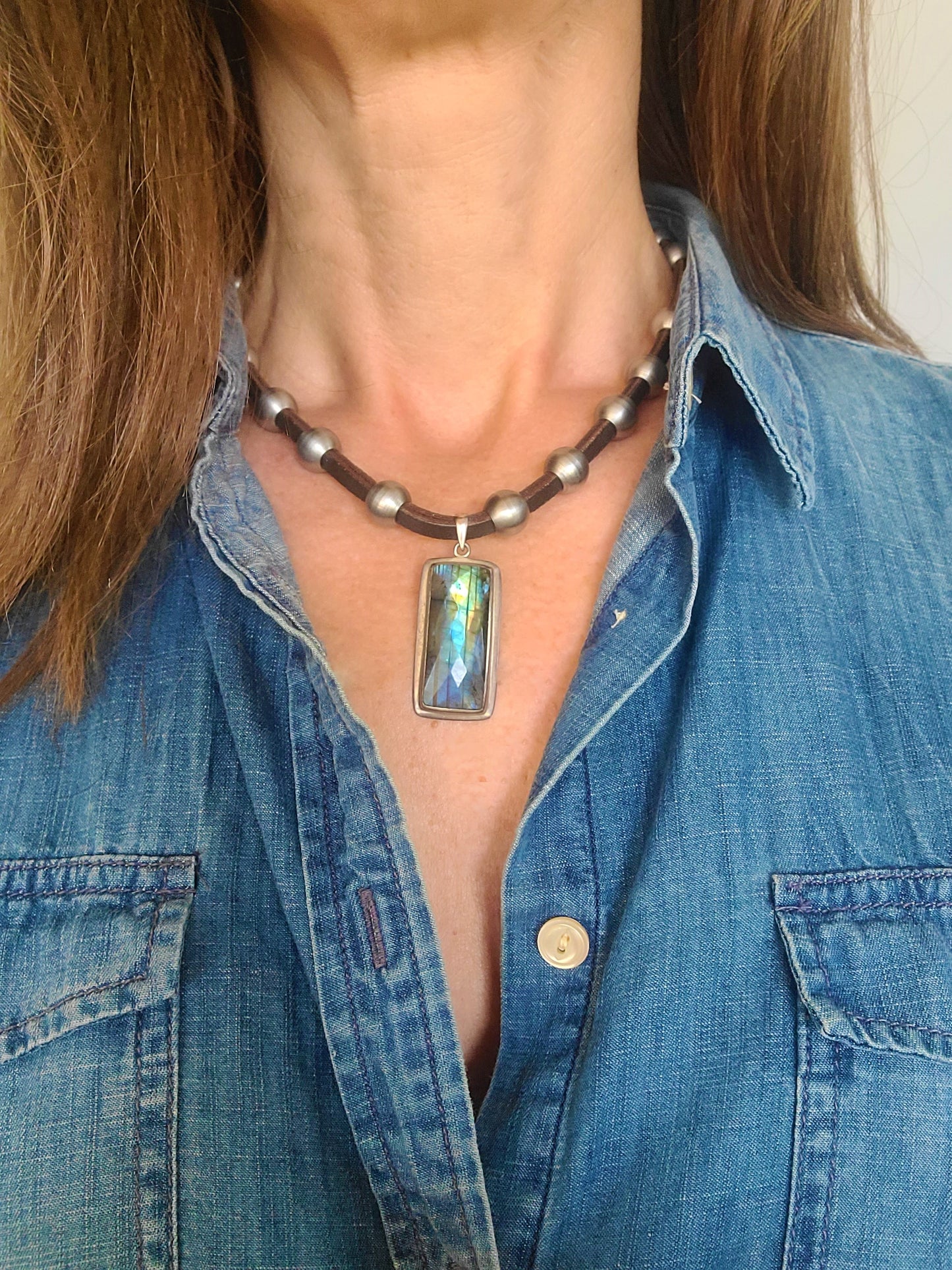 Labradorite & Stainless Steel & Leather Necklace