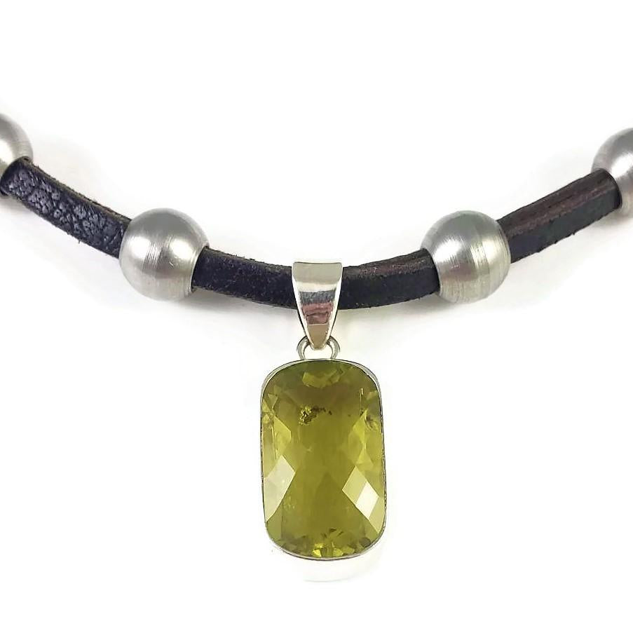 Citrine & Stainless Steel & Leather Necklace