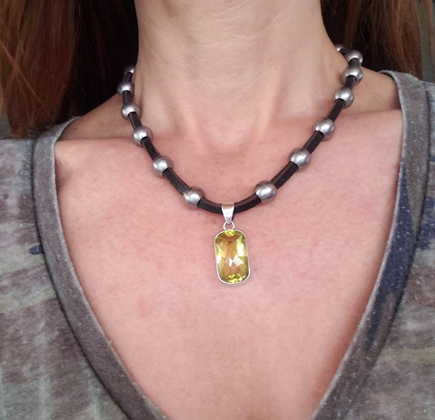 Citrine & Stainless Steel & Leather Necklace