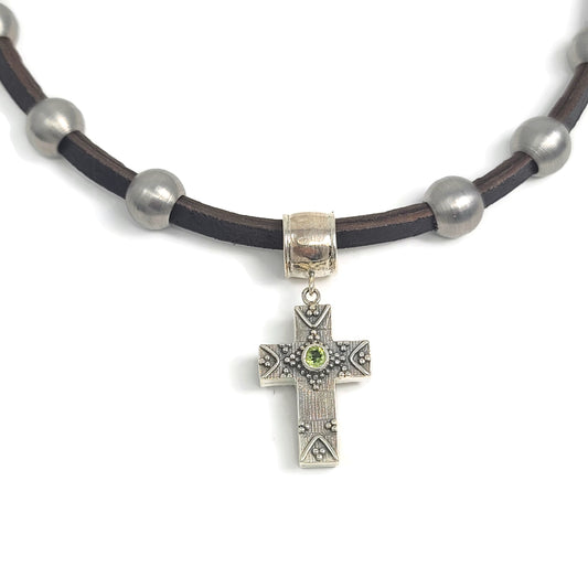 Silver Cross Pendant Stainless Steel & Leather Necklace