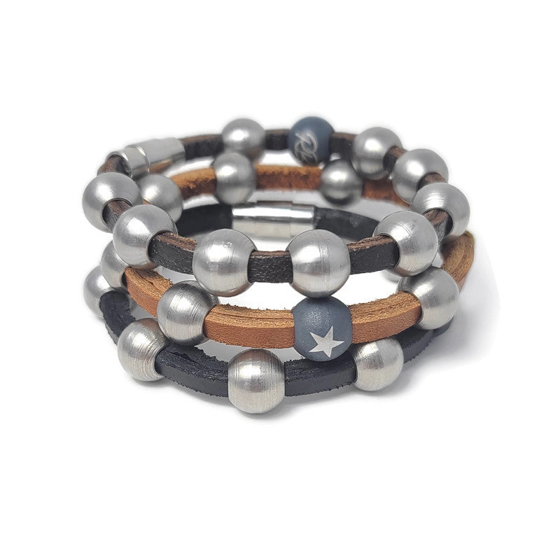 Steel Bead Bracelet & Leather Bracelet