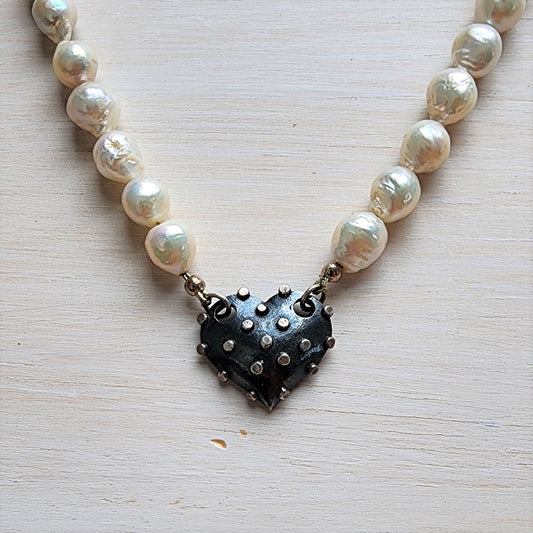 Studded Heart White Pearl Necklace