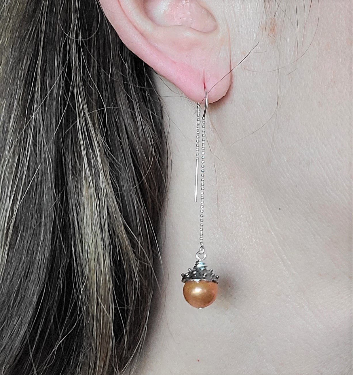 True Grit Peach Pearl Threader Earrings